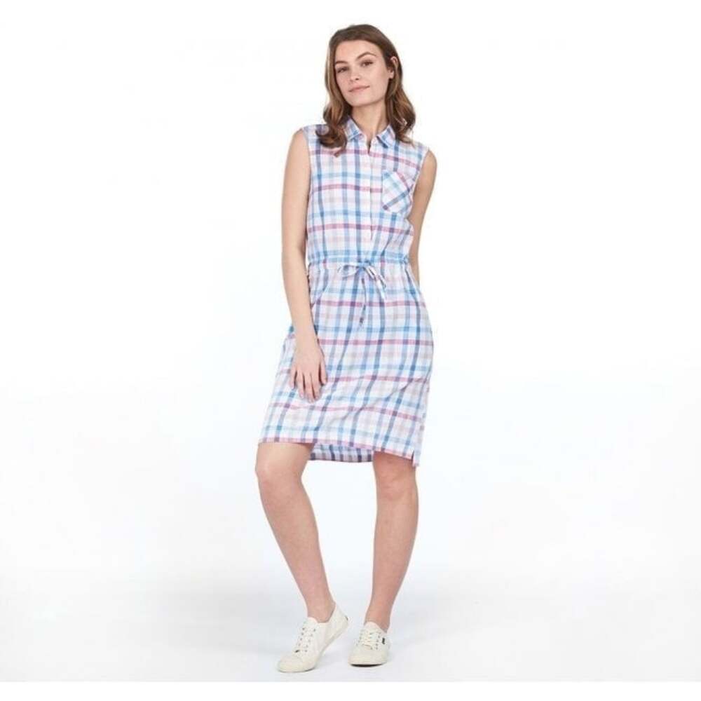 Barbour Women 14 Harbourside Dress Plaid Gauze Cotton Tie Waist Knee Length Boat